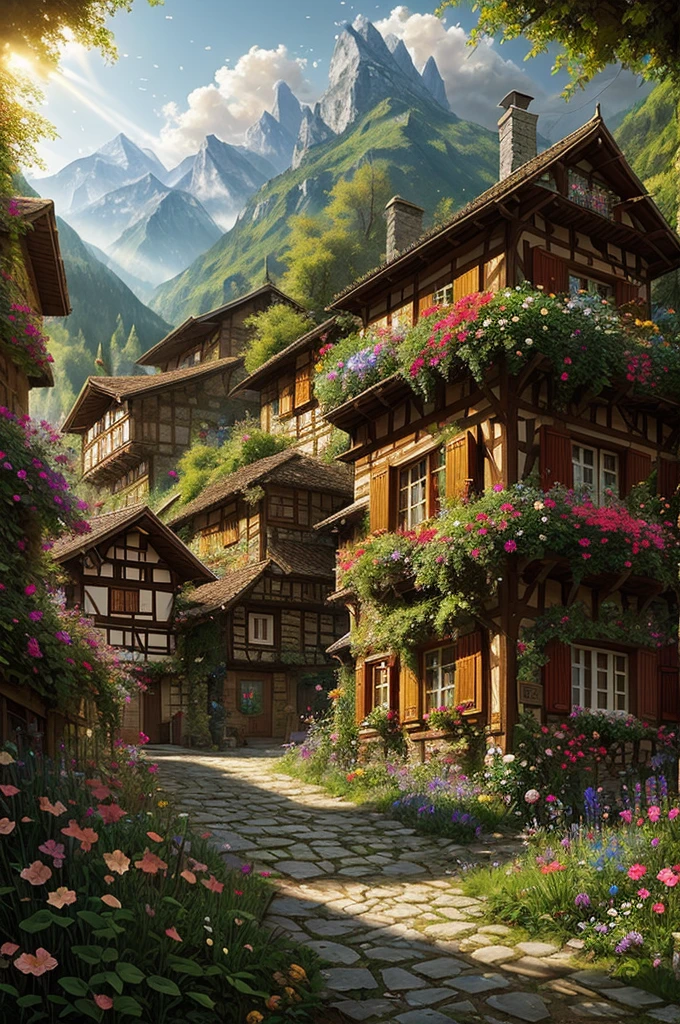 sharp details, a medieval village in switzerland, mess jungle in background, ornate, beautiful, atmosphere, vibe, flowers, concept art illustration, greg rutowski, volumetric lighting, sunbeams, particles, colorful clothes, by Jean-Baptiste Monge, Gilles Beloeil, Tyler Edlin, Marek Okon, Pixar, album art, comic style, golden ratio, perfect composition, a masterpiece, trending on artstation, oversaturated, epic realistic, hdr, intricate details, rutkowski, intricate, cinematic, detailed