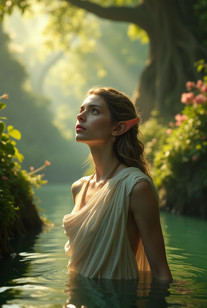 upper body close-up, stunning elf, highly detailed toga, pale skin. half of the body in the river, looking up.,garden of eden, tree of life, a lot of vegetation, flowers, bushes, rivers, rocks, leaves, sunny, rays of light passing through the leaves of the trees, , 4k photography. fujifilm