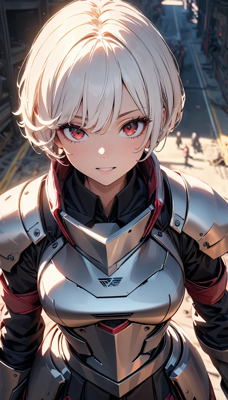 masterpiece:1.2, , on site, ( Bright white short hair:1.2), (Red eyes:1.2), (Crossader:1.2), (View your audience:1.2) , (8k, 最high quality 1.2), Very detailed, 8k uhd, Soft lighting, high quality, Film Grain, Beautiful lighting, Cinematic ,Perfect body , Best lighting, Best Shadow, Sharpness, Contrast, Absurd high resolution face, Steel Armor, Large sword:1.2