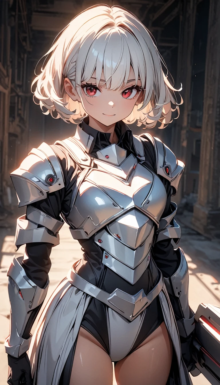 masterpiece:1.2, , on site, ( Bright white short hair:1.2), (Red eyes:1.2), (Crossader:1.2), (View your audience:1.2) , (8k, 最high quality 1.2), Very detailed, 8k uhd, Soft lighting, high quality, Film Grain, Beautiful lighting, Cinematic ,Perfect body , Best lighting, Best Shadow, Sharpness, Contrast, Absurd high resolution face, Steel Armor, Large sword:1.2