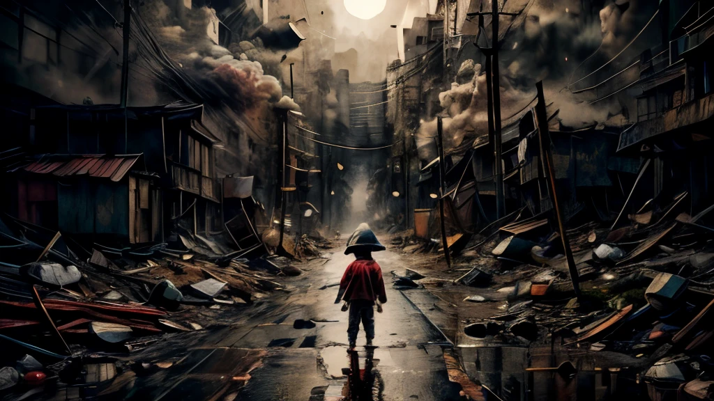 a dilapidated abandoned child at night, rain pouring down, wet roads, dark sky, smoke and dirt, atmospheric lighting, cinematic mood, dramatic shadows, gritty realism, award winning composition, hyper detailed, intricate details, photographic quality, professional photography, masterpiece, so sad picture