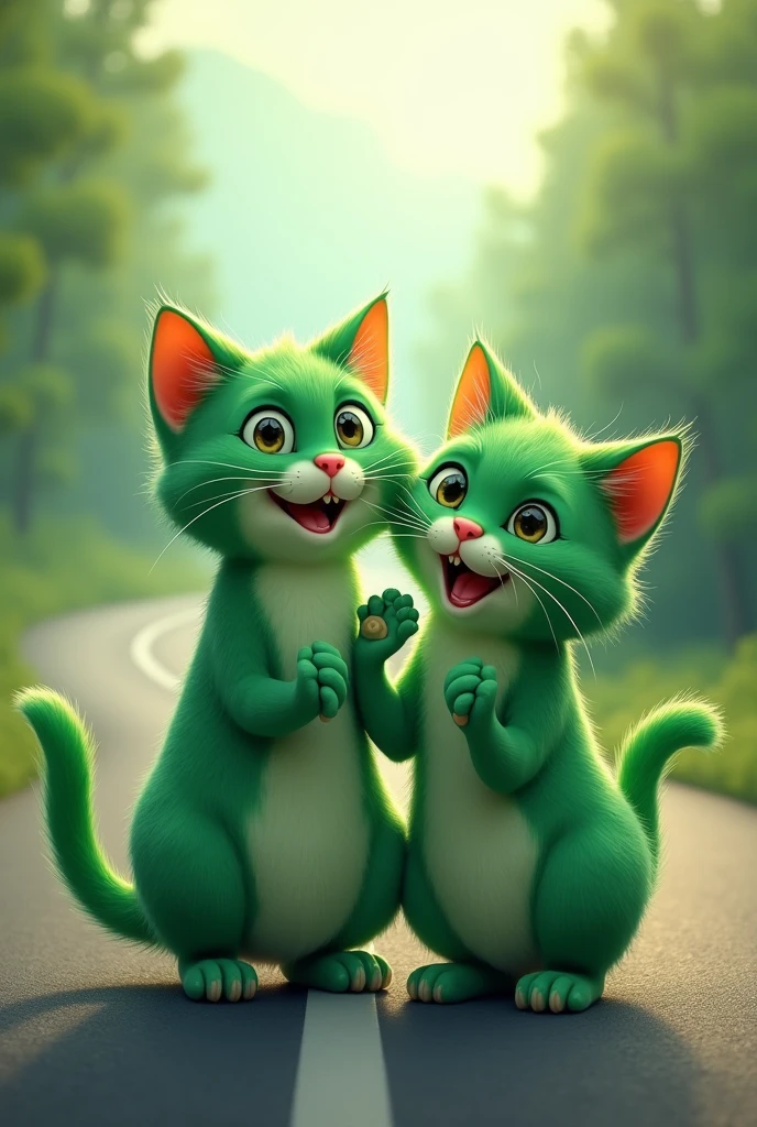 Two green cats laughing and standing on the road behind