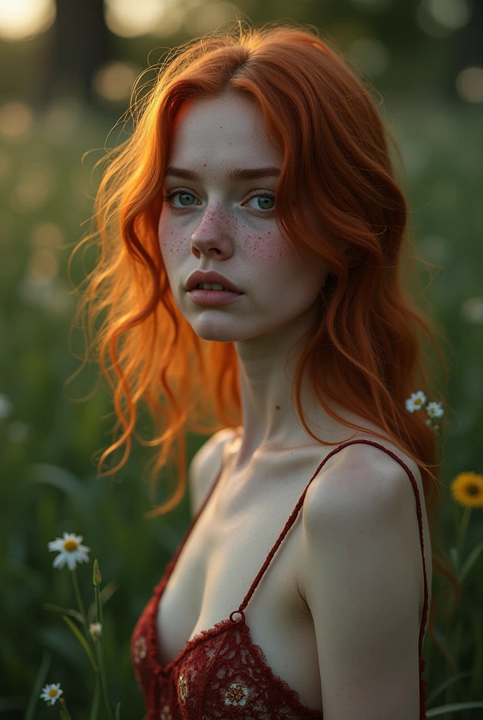 (dynamic angle:1.1),outdoors, ginger hair, photo of skinny 20yo girl, freckles, sad, soft, masterpiece, volumetric light, best quality, complimentary colors, dramatic lighting, intricate details, subsurface scattering, topless, small tits,