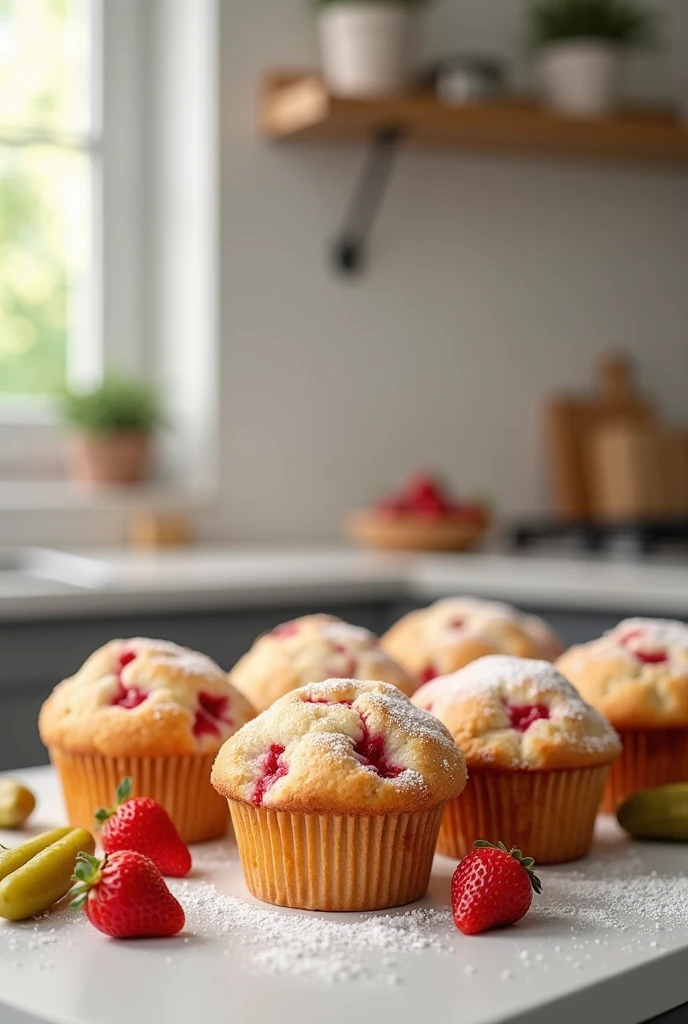 Strawberry muffins ,casual minimal kitchen in the background,photografic,realistc, very realistic,yummy,8 pickes