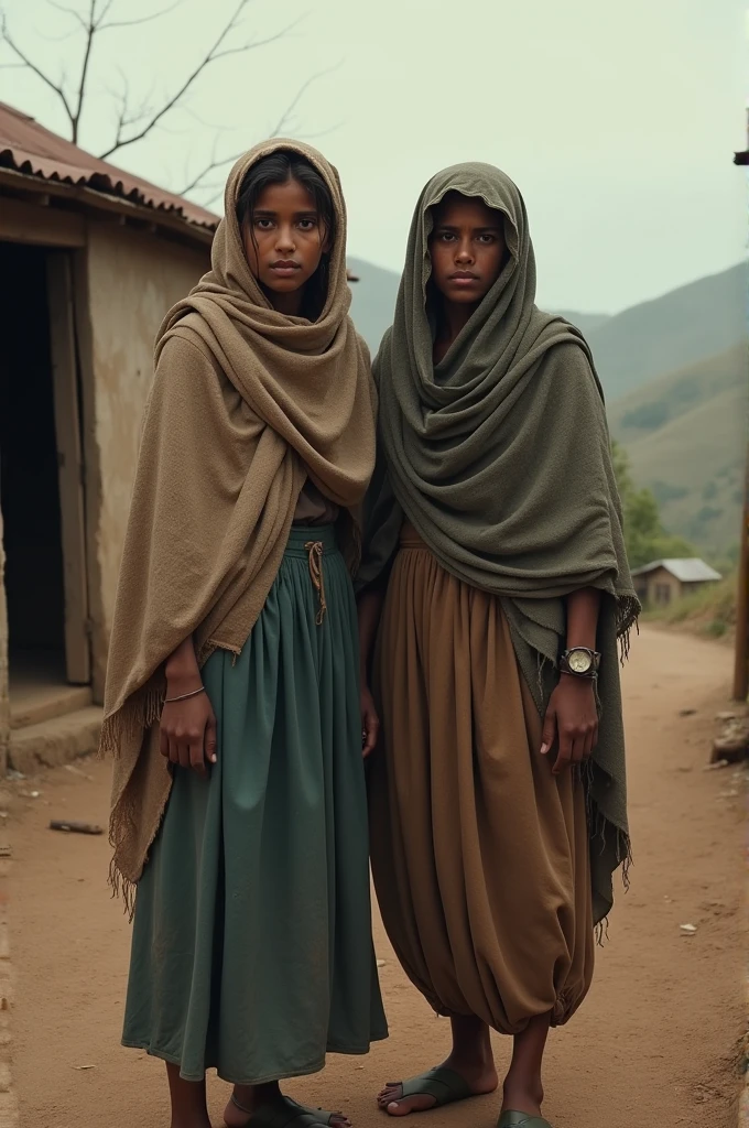 A poor age girl and her mother (wearing scarfs) , in front of their village home