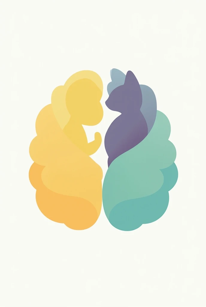Create a logo that contains the silhouettes of a baby, a brain and a cat in yellow colors, green, blue and violet in pastel tones