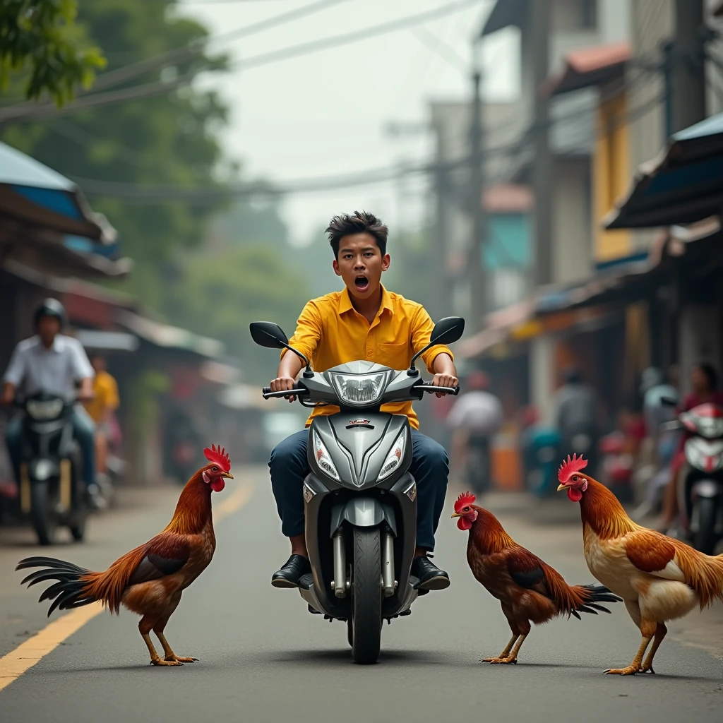 real photo of a young man with an Indonesian face wearing a yellow shirt riding a motorcycle on the road with a shocked expression. in front of him there is a cat standing upright and chickens seem to be talking . busy street atmosphere of indonesia. Ultra-realistic 8K photograph, shot with a Leica Q2, strong color contrast and sharp clarity --ar 9:16 --quality 2 --