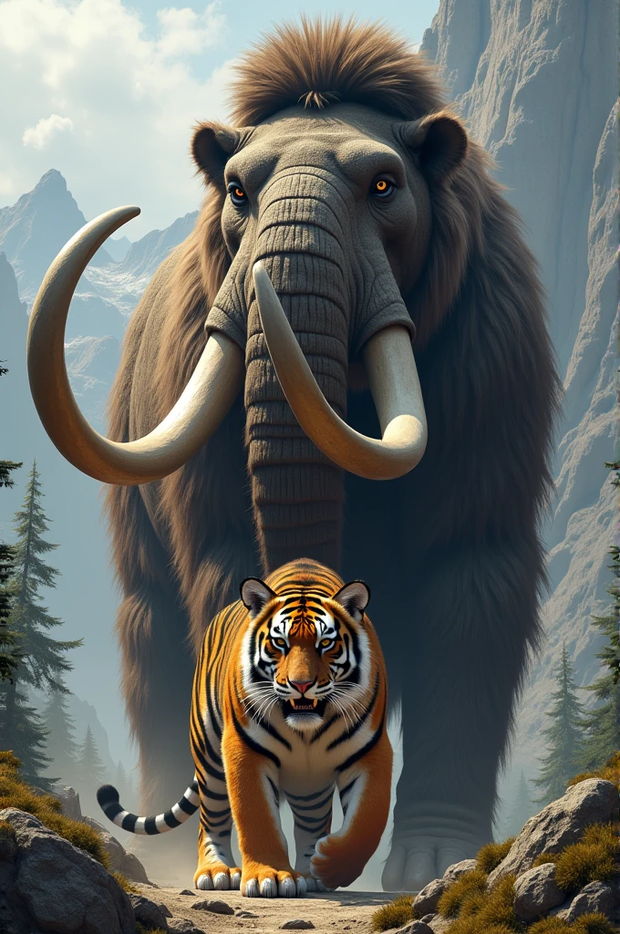 Mammoth standing on tiger