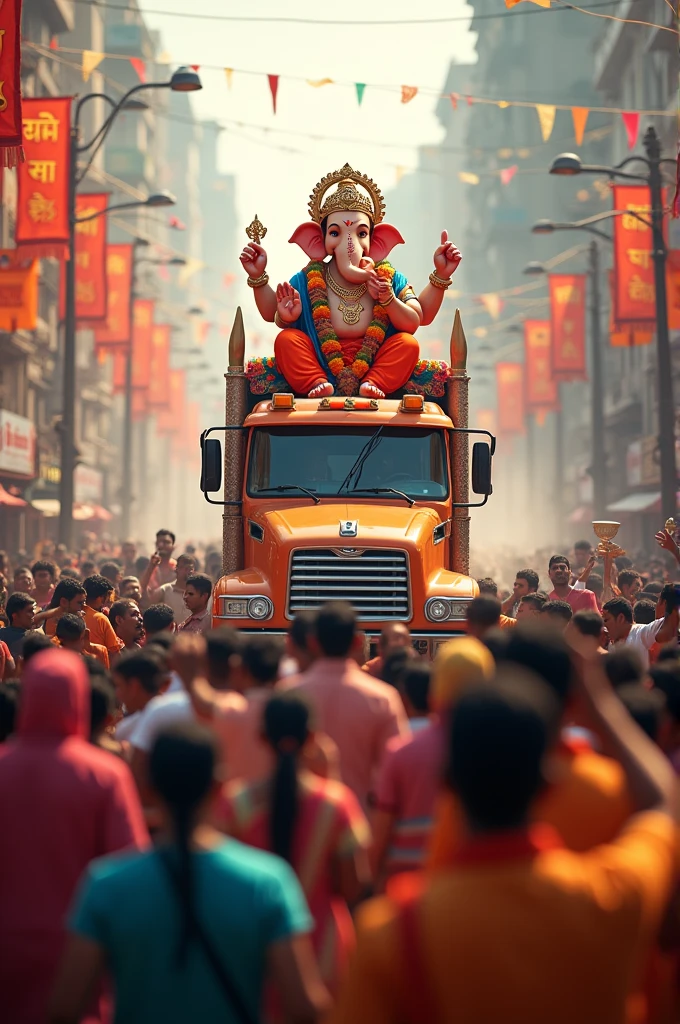 Vibrant procession of a Hindu deity, Lord Ganesha, riding on a decorated truck surrounded by happy people