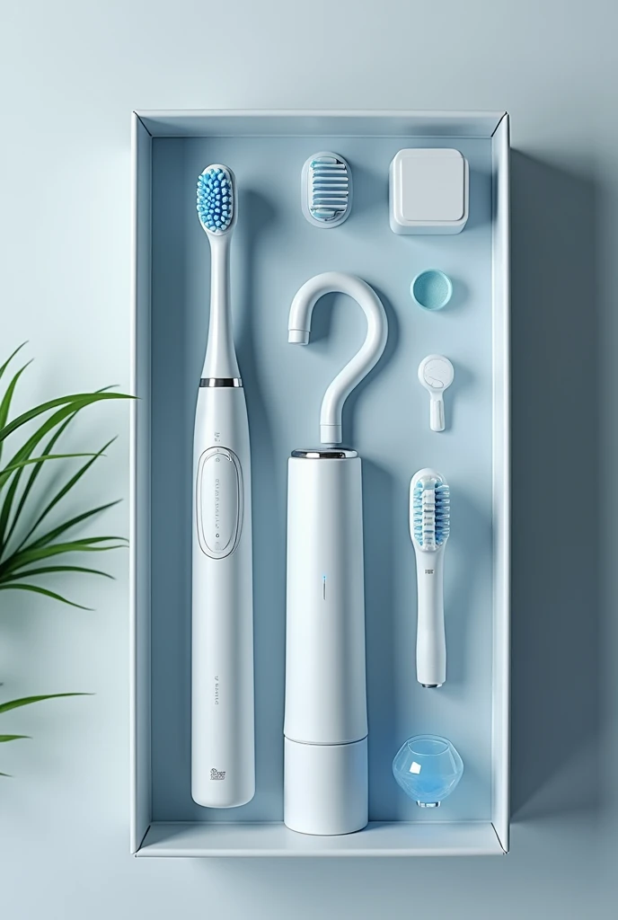 The box contains a toothbrush made of plastic and a latex hose.
The hose is designed to connect to a faucet and is specifically for dental/odontologic use.
The toothbrush is similar to an electric toothbrush with detachable parts.
Inside the box, the toothbrush and hose are separate.
The box is large and only contains the toothbrush and hose components.