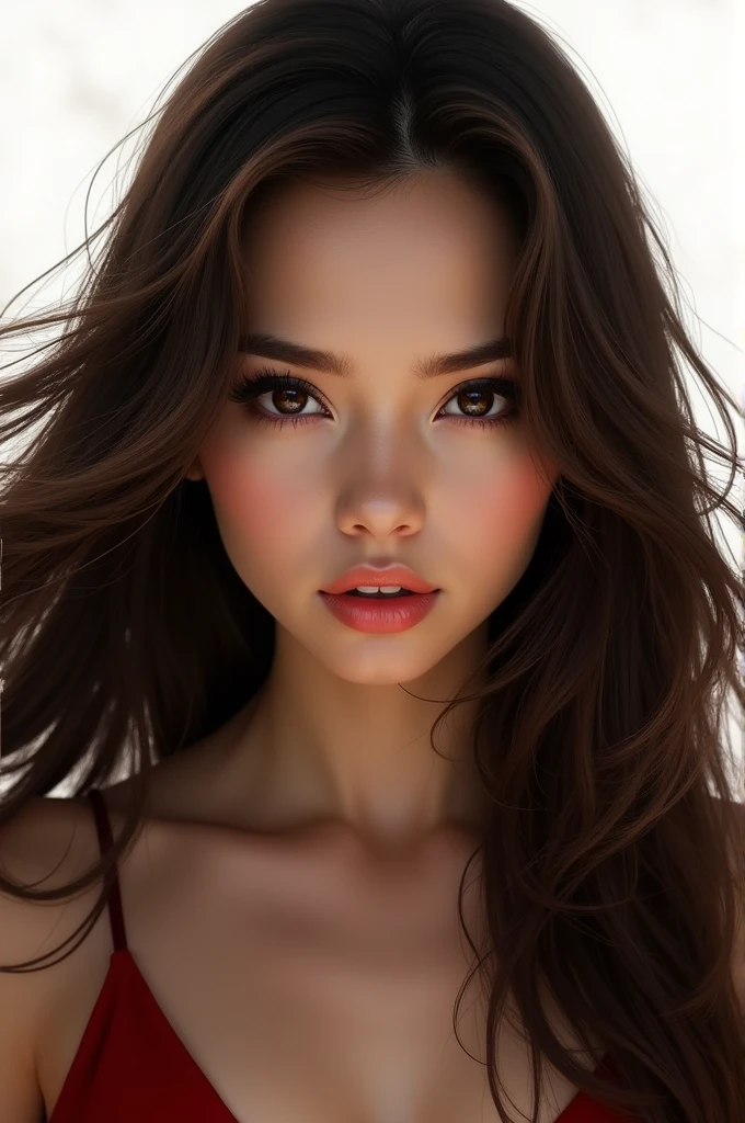Woman with long hair, white, dark brown, brown eyes, young, with an intimidating smile.