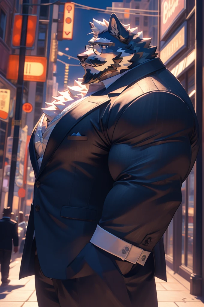 1boy, 1man, solo, a (furry doberman) standing, (face, detailed face, glasses), city , front view, massive muscular , sixpack, (shirt), well-muscled old man. ((thick arms, huge pec, huge arms)), wide smiling. Add textures and details to make the image more realistic, such as the appearance of the. Make sure the resulting image is high resolution, 8K quality