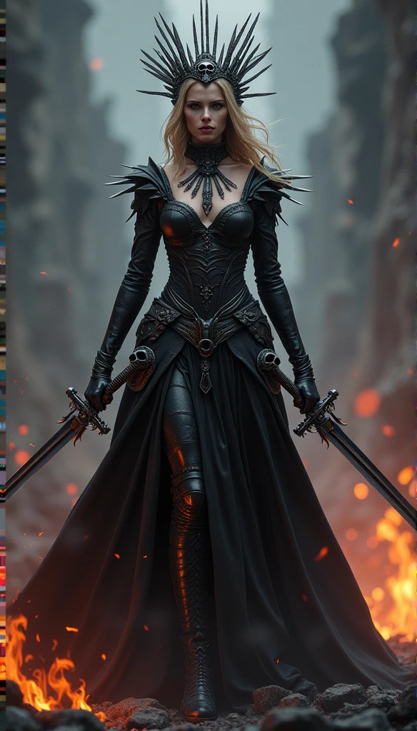 healing, Charlize Theron, goddess of death, greek mithology, Scarlet Witch with a multi-bladed tiara on her head, Charlize Theron, goddess of death, skull necklace, Em um ful dressed com caveiras e lâminas, art not style of Guviz, ross tran 8k, The Empress's Beautiful Imagination, High quality 8k detailed artwork, highly detailed digital art in 4k, Portrait of the dark queen, Wielding Multiple Sharp Swords, Background of Ashes and Fire, Small hot spots of coal in the background, ful dressed, made of skulls and blades,