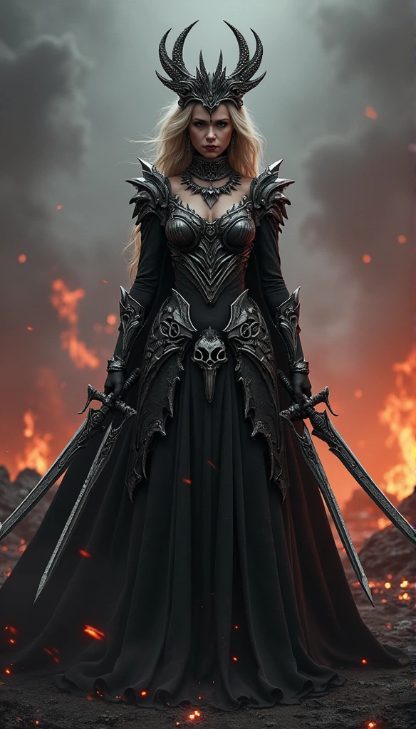 healing, Charlize Theron, goddess of death, greek mithology, Scarlet Witch with a multi-bladed tiara on her head, Charlize Theron, goddess of death, skull necklace, Em um ful dressed com caveiras e lâminas, art not style of Guviz, ross tran 8k, The Empress's Beautiful Imagination, High quality 8k detailed artwork, highly detailed digital art in 4k, Portrait of the dark queen, Wielding Multiple Sharp Swords, Background of Ashes and Fire, Small hot spots of coal in the background, ful dressed, made of skulls and blades,