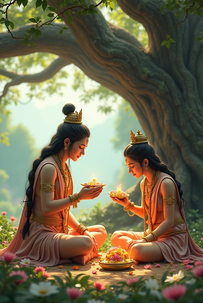 Two deities sit under a tree, eating the offerings in a happy manner.