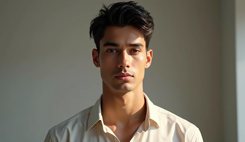 Create an hyper realistic full image of 20 year old good looking white skin full indian boy with proper light condition