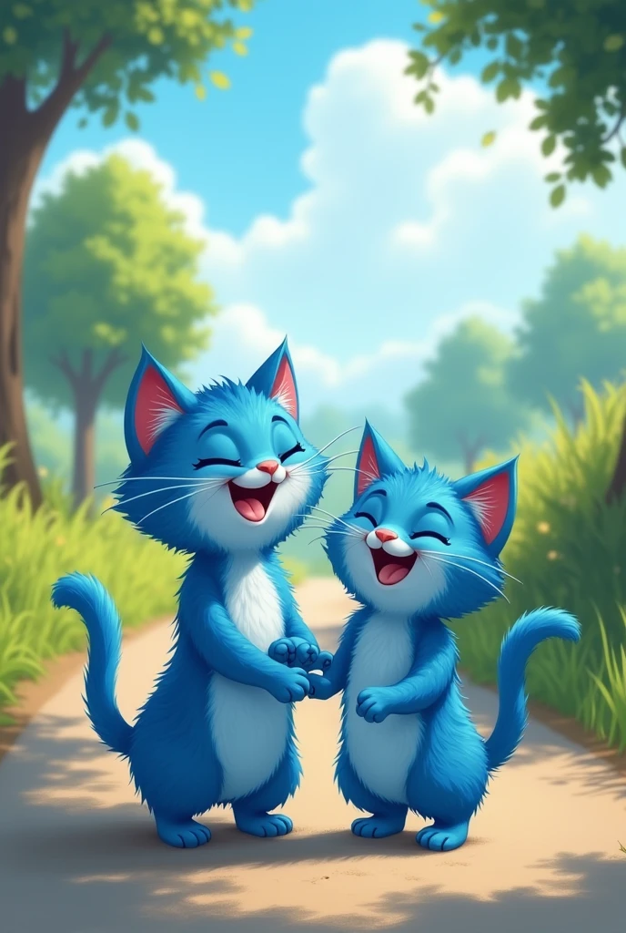 Two blue cats laughing and standing on the road behind 