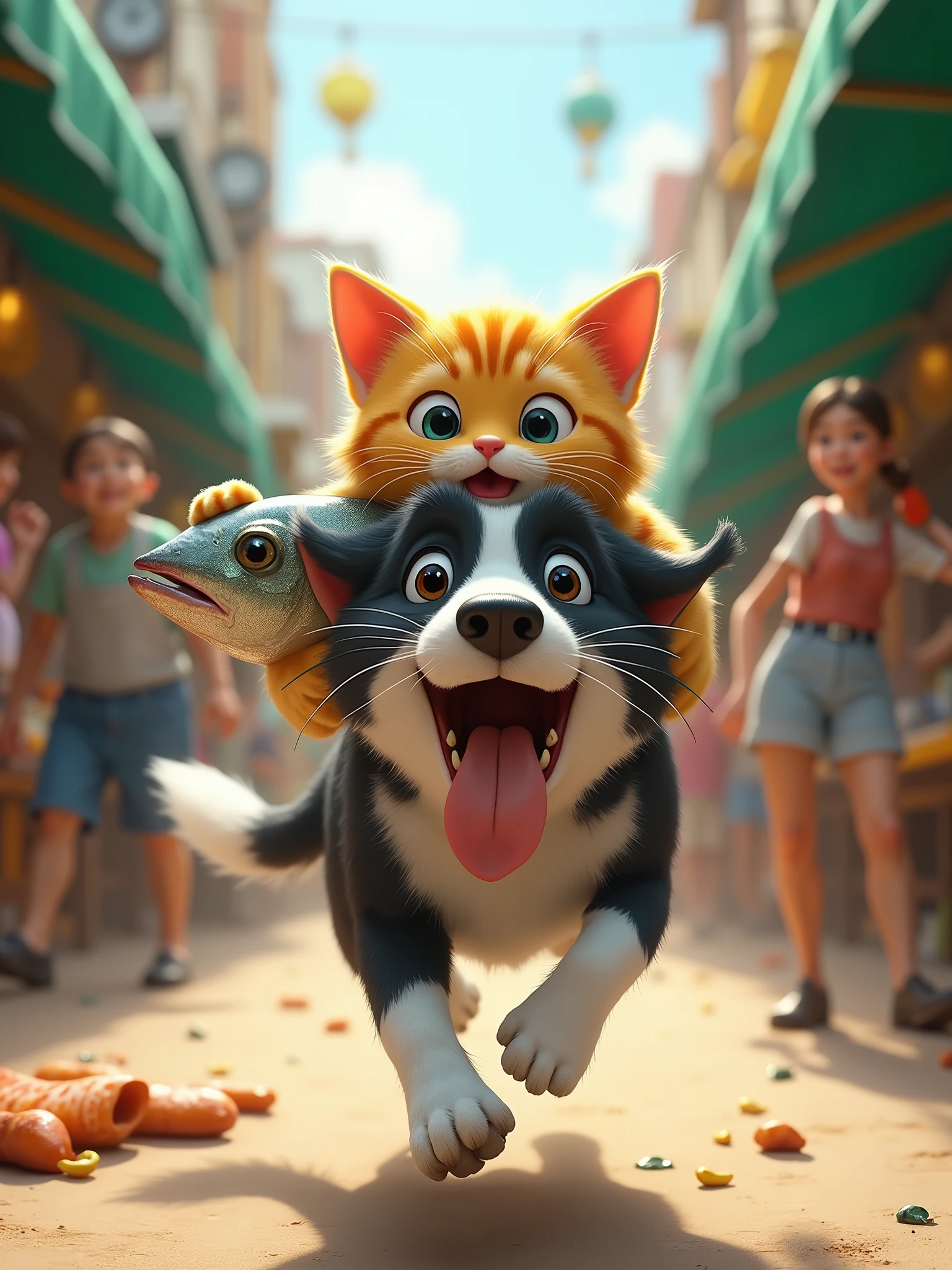 lateral view, hyper realist, A dynamic and humorous scene in a lively outdoor market. A black and white dog is running at great speed, with its tongue out in excitement. On the dog's back is a yellow striped cat with wide eyes and an open mouth, clutching tightly onto a large, shiny fish. The cat appears excited and surprised, as if it had just made a daring escape. The background features market stalls with green canopies, and some people are looking on in surprise, adding to the lively atmosphere of the market scene. He's generally playful and adventurous ar-16:9