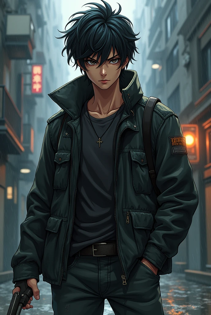 Generate the design of an anime male character with wavy black hair and beaten teenager full body from head to toe in different poses