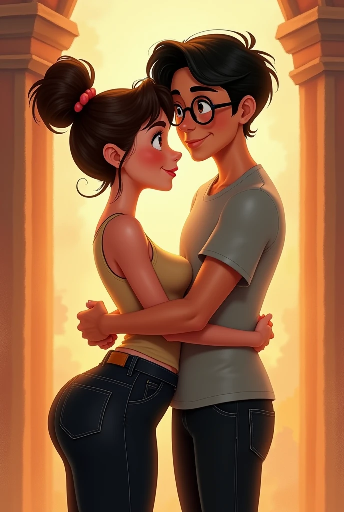 A couple hugging, The girl is smiling, she is of robust build with wide legs, small ears and light complexion., wide nose big brown eyes hair in a bun and straight curtain bangs, She wears a beige tank top and black jeans. The boy with a thin build, tez morena, He wears square glasses, a wide nose, small eyes, short dark straight hair, small ears, and wears black jeans and a gray t-shirt., Disney poster style