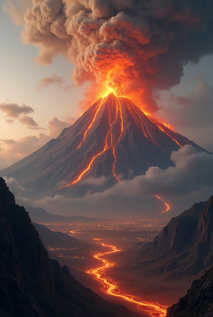 A mountain that spews smoke and ash into the sky, with lava flows flowing down its slopes, and distant villages threatened by the eruption