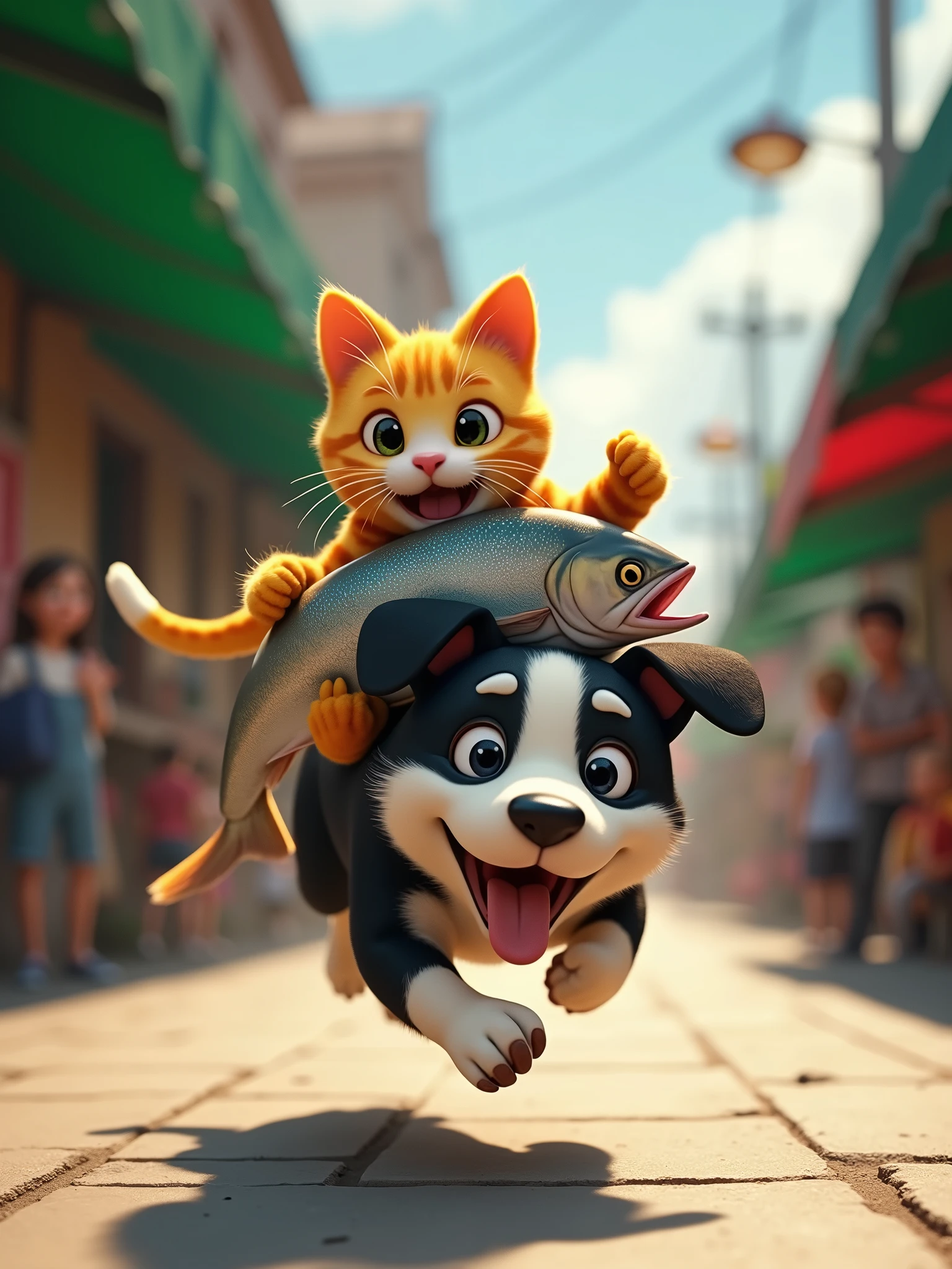 lateral view, hyper realist, A dynamic and humorous scene in a lively outdoor market. A black and white dog is running at great speed, with its tongue out in excitement. On the dog's back is a yellow striped cat with wide eyes and an open mouth, clutching tightly onto a large, shiny fish. The cat appears excited and surprised, as if it had just made a daring escape. The background features market stalls with green canopies, and some people are looking on in surprise, adding to the lively atmosphere of the market scene. He's generally playful and adventurous ar-16:9