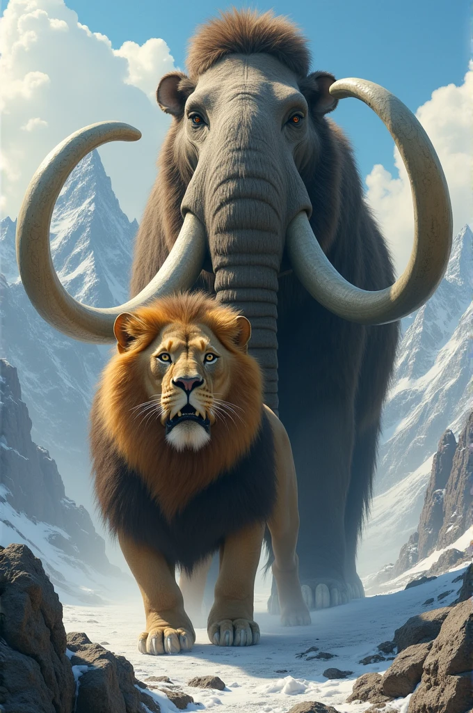 Mammoth standing on lion