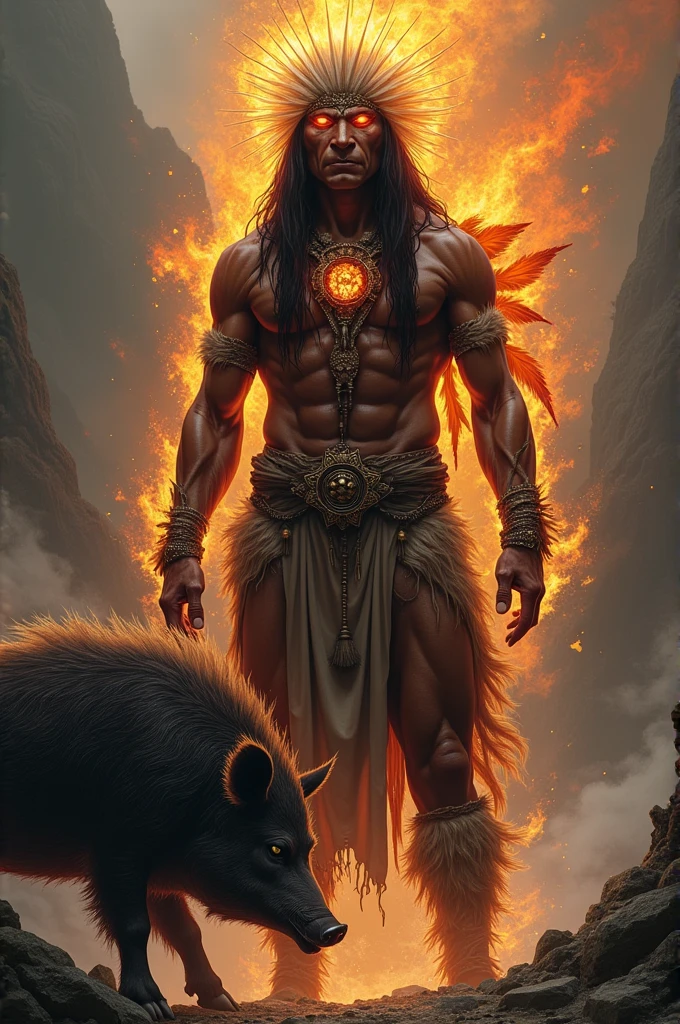 An Indian with eyes of fire and a wild boar
