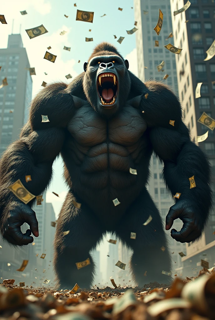 Image of King Kong gorilla celebrating with lots of money in the air falling to the ground