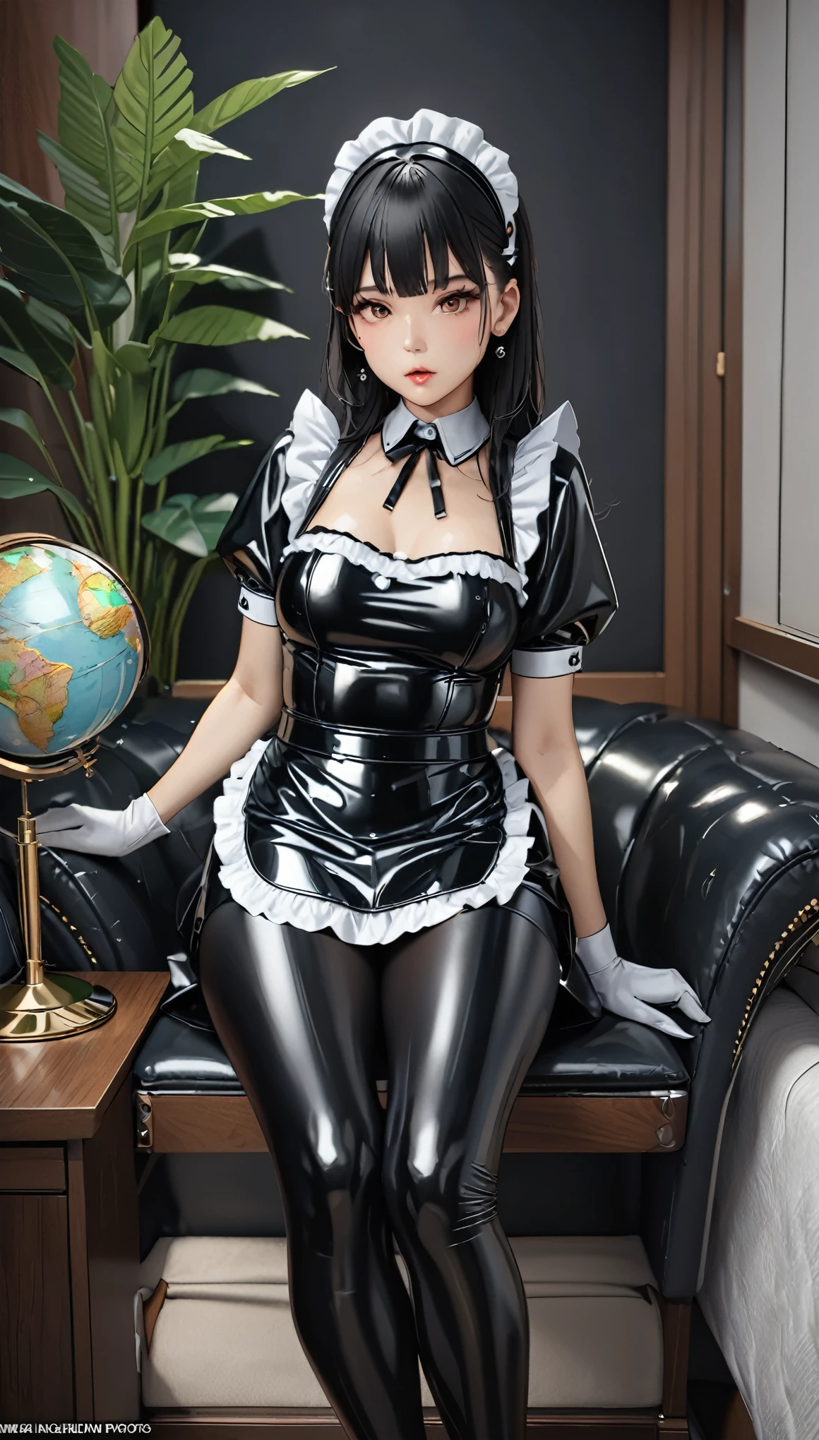 (8k, RAW Photos, Highest quality, masterpiece: 1.2), Super detailed, Super Resolution, (Genuine, Genuine photos: 1.37), Plain black latex maid costume, latex stockings, latex long globe