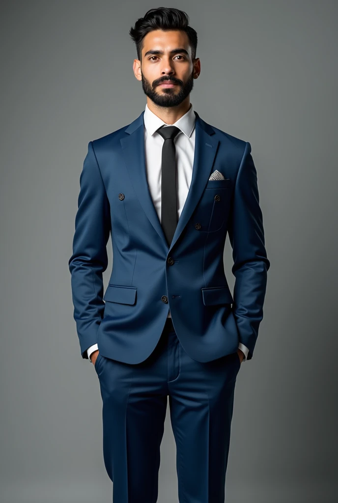 A young standing man with a black beard,wearing blue suit,black tine dots on the suit,a white shirt and Black tie,Backgroug a lighting 