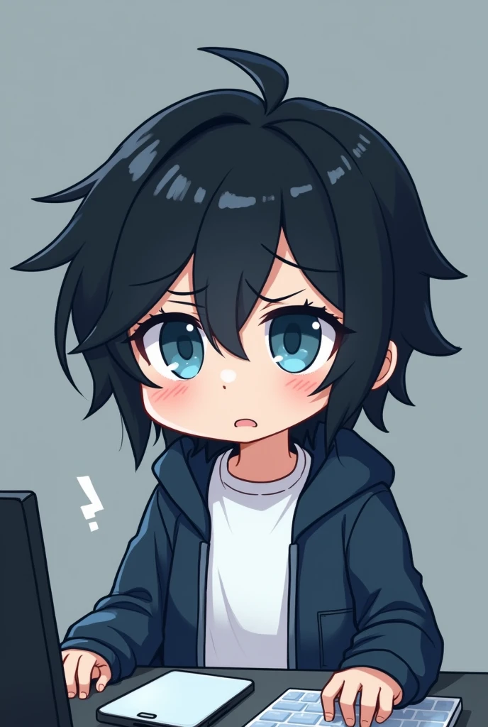 One person,Black Hair, Asymmetrical bangs, Parting the bangs,Blue Eyes,Drooping eyes,White T-shirt,Navy blue jacket,smartphone,computer,Simple background,cool,Default,Illness,Confused eyes,Distributor,Chibi Character