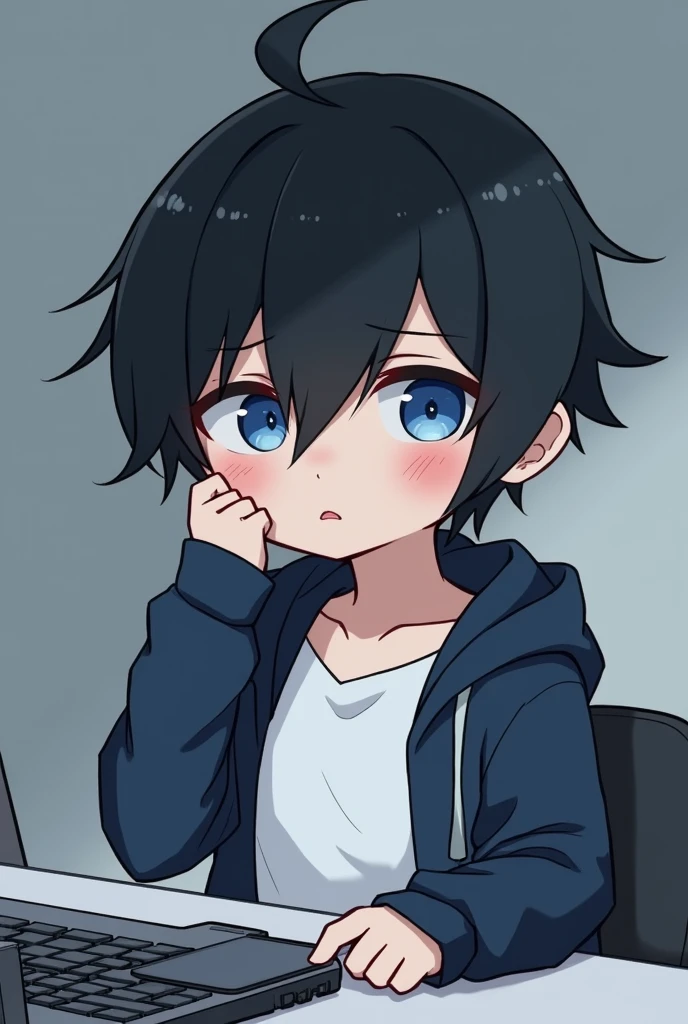 One person,Black Hair, Asymmetrical bangs, Parting the bangs,Blue Eyes,Drooping eyes,White T-shirt,Navy blue jacket,smartphone,computer,Simple background,cool,Default,Illness,Confused eyes,Distributor,Chibi Character
