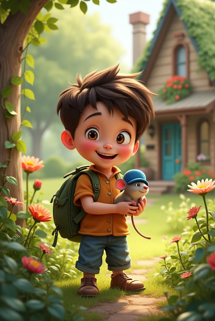 or  (( boy)) glad, finding a little mouse (( animal))、in the garden at the back of a house. or rato usando um pequeno chapéu azul. Fantasy Creation Illustration. An overview of history .