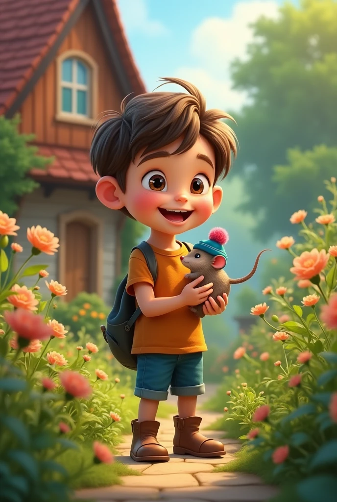 or  (( boy)) glad, finding a little mouse (( animal))、in the garden at the back of a house. or rato usando um pequeno chapéu azul. Fantasy Creation Illustration. An overview of history .
