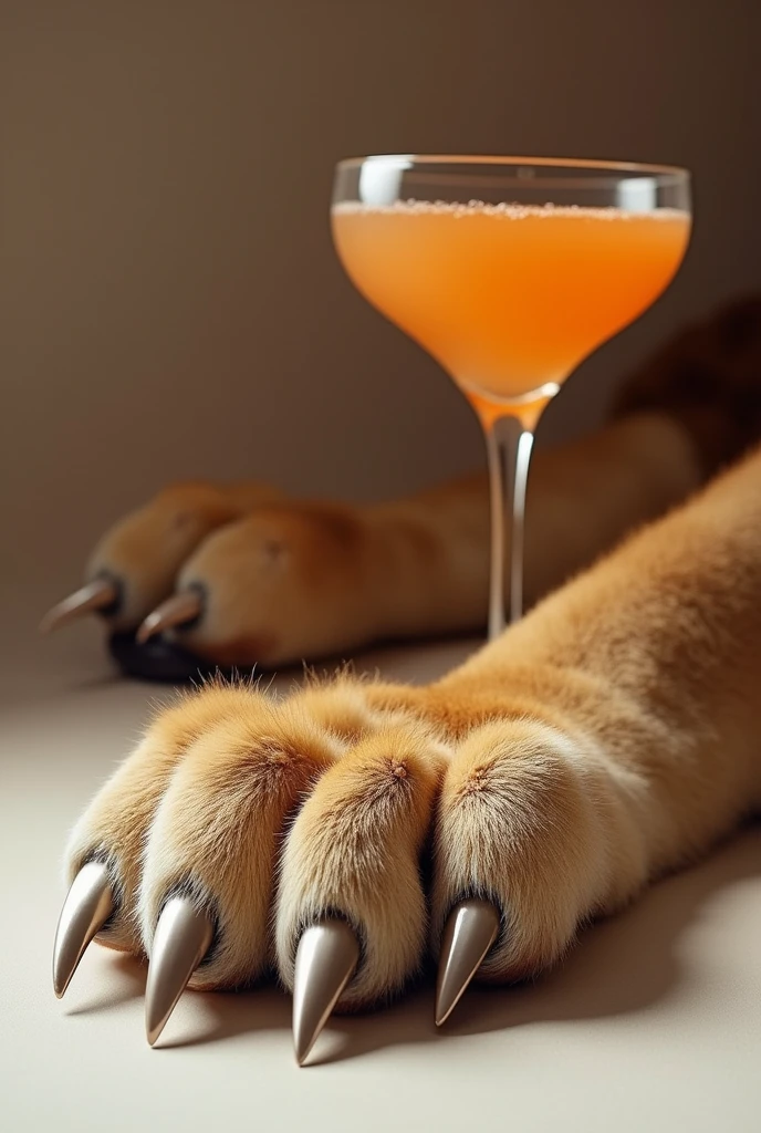female lion paw with nails painted next to a sophisticated drink ultrarealistic
