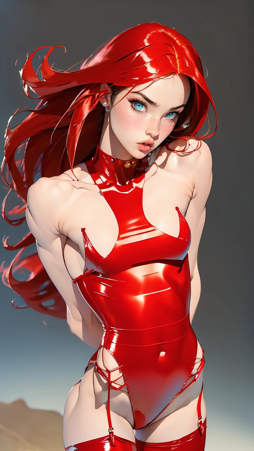 (megan fox), (1 girl), young girl, bodybuilder physique, seductive face, seductive look, long red hair, perfect muscular body, long thin legs, (silk lingerie leotard & thigh highs), small breasts, (huge muscular shoulders:1.45), (full body shot), (blank background:1.25), MeganF_SoloTI_v1