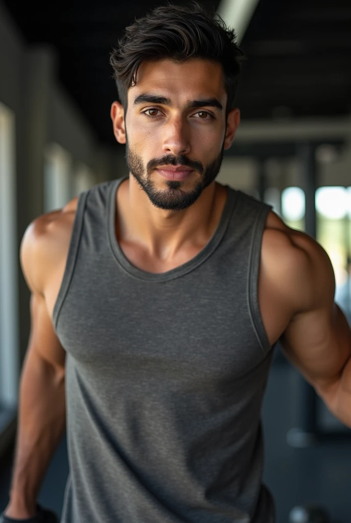Handsome white Indian guy with dark short hair, a bit wider face, brown eyes, slightly shorter hair, and wider cheeks. He has a one-day beard and a line shaved into his right eyebrow. Wearing a fitted sleeveless gym shirt, he is captured inside a gym showcasing his 6-pack abs. For this pose, he is mid-exercise, such as performing a bicep curl or push-up, with a focused yet relaxed expression. The photo emphasizes his Korean glass skin finish and toned physique, showcasing his athleticism and dedication.