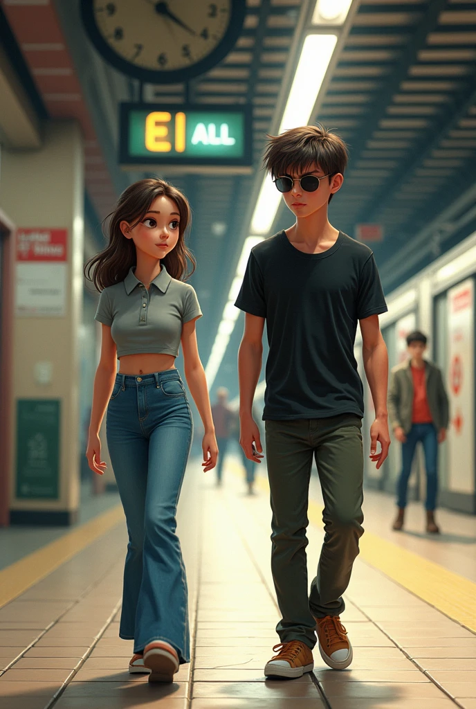 Create an realistic illustration image with a girl and a boy walking in a metro station the girl is shorter and mid weight she is wearing a grey crop top polo t shirt and a blue bellbottom jeans, the boy is fit near slim he is wearing a dark olive pant and an black shirt tugged out with sleeves rolled and shades