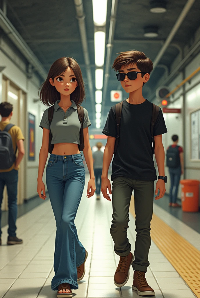Create an realistic illustration image with a girl and a boy walking in a metro station the girl is shorter and mid weight she is wearing a grey crop top polo t shirt and a blue bellbottom jeans, the boy is fit near slim he is wearing a dark olive pant and an black shirt tugged out with sleeves rolled and shades