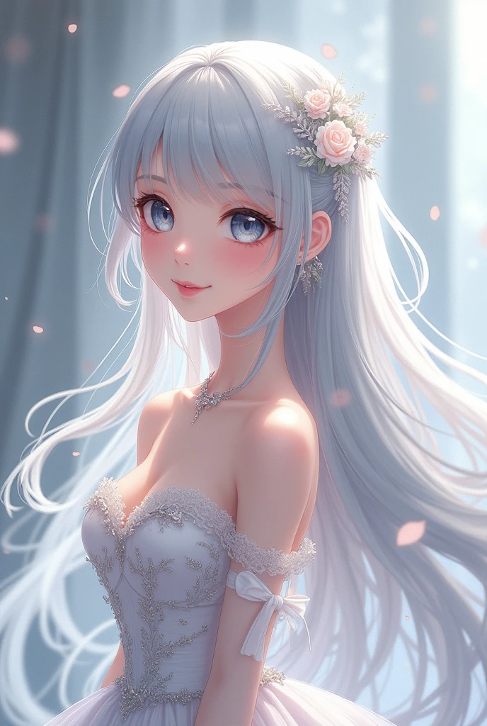 An extremely beautiful girl with silver hair wearing an anime style bridal outfit