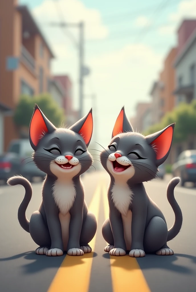 Two gray cats laughing and standing on the road behind