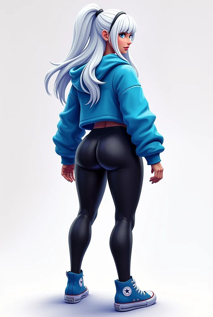 fortnite style girl, long white hair, Broad Hips, blue colored eyes, wearing glasses, allstar shoes, sexy blue short sweatshirt black leggings rear full body