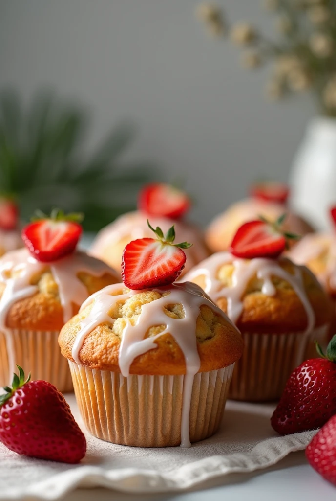 Strawberry muffins ,casual minimal kitchen in the background,photografic,realistc, very realistic,yummy,8 pieces