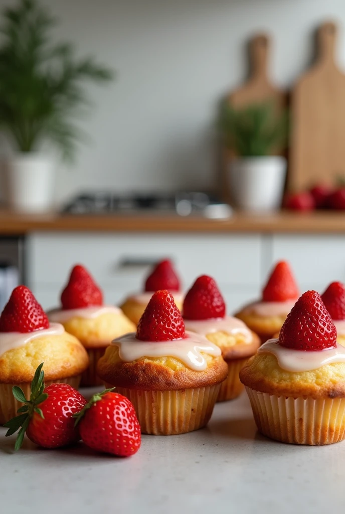 Strawberry muffins ,casual minimal kitchen in the background,photografic,realistc, very realistic,yummy,8 pieces