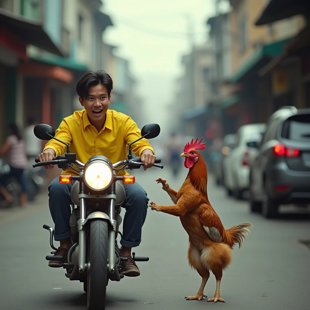 real photo of a young man with an Indonesian face wearing a yellow shirt riding a motorcycle on the road with a shocked expression. in front of him there is a cat standing upright walking embracing each other and a chicken . busy street atmosphere of indonesia. Ultra-realistic 8K photograph, shot with a Leica Q2, strong color contrast and sharp clarity --ar 9:16 --quality 2 --