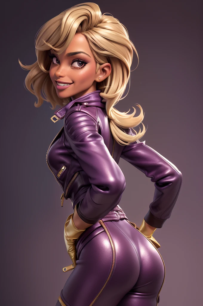 obra prima, melhor qualidade, ((only one woman,)) ((farrah fawcett, dark tan skin, short blonde bob hair, heavy makeup eye shadow, open mouth smile with teeth,)) (((wearing thigh length dark plum metallic leather jacket,))) (((jacket is zipped up, jacket covers waist and ass,))) ((jacket has stiff high collar,)) ((gold pvc gloves,)) body is very skinny, standing up, (((arched back, shoulders leaning way back, hips twisting, head tilted way back, chin up,))) ((camera back view, extreme closeup view of upper body,)) shallow depth of field, highres, HD, 8k, anatomically correct