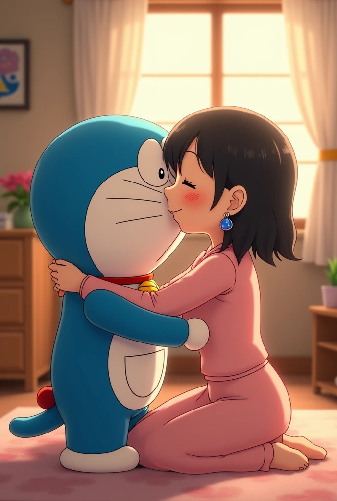 doraemon and shizuka’s mother hugging and kissing in romantic manner