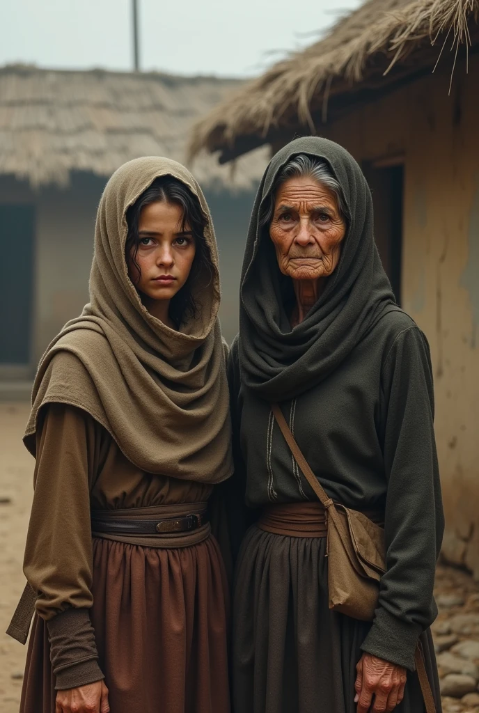 A poor age girl and her mother (with wrinkle please) (wearing scarfs) , in front of their village home