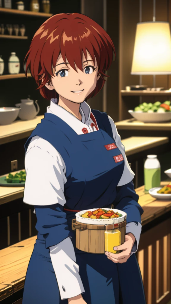 Mana Kirishima, smiling, in a restaurant.